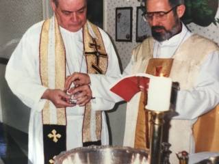 (Late) Fr. Ron Findlay with Archbishop David Cooper circa 1993.