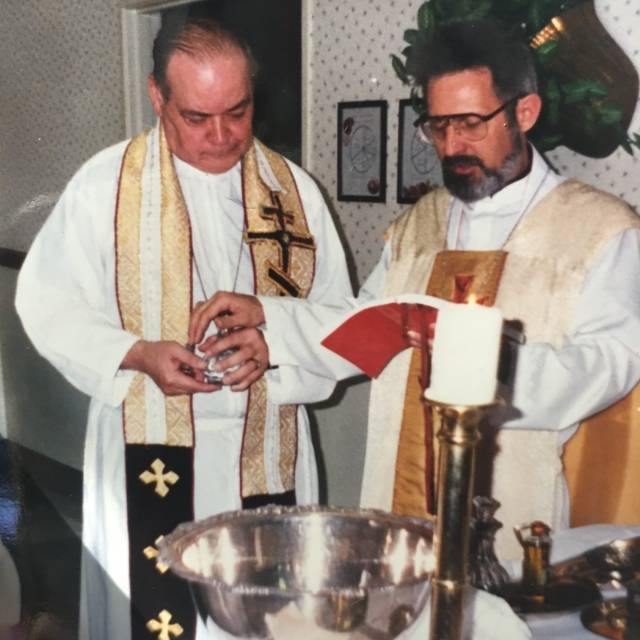 (Late) Fr. Ron Findlay with Archbishop David Cooper circa 1993.