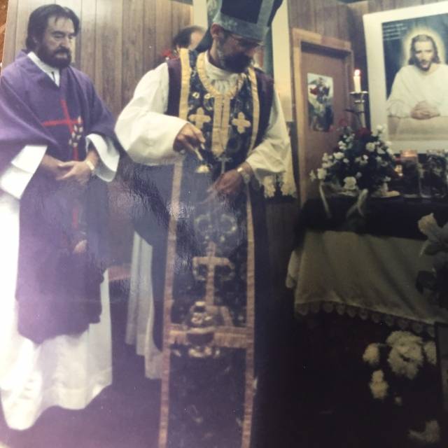 (Late) Archbishop Miguel DeSoto with Archbishop David Cooper at the Sunset Blvd. chapel circa 1995. Los Angeles.